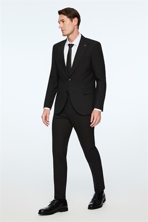 Morven Erkek Siyah Poliviskon Basic Düz Slim Fit Sivri Yaka Takım Elbise