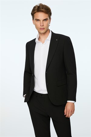 Morven Erkek Siyah Poliviskon Basic Düz Slim Fit Sivri Yaka Takım Elbise
