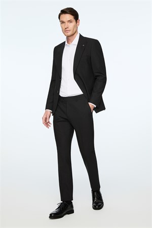 Morven Erkek Siyah Poliviskon Basic Düz Slim Fit Sivri Yaka Takım Elbise