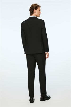 Morven Erkek Siyah Poliviskon Basic Düz Slim Fit Sivri Yaka Takım Elbise