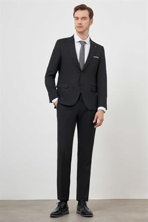 Morven Erkek Siyah Poliviskon Basic Jakar Desen Slim Fit Sivri Yaka Takım Elbise