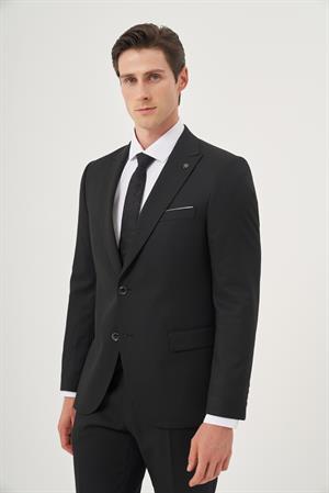 Morven Erkek Siyah Poliviskon Basic Jakarlı Slim Fit Sivri Yaka Takım Elbise
