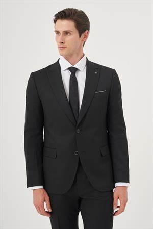 Morven Erkek Siyah Poliviskon Basic Jakarlı Slim Fit Sivri Yaka Takım Elbise