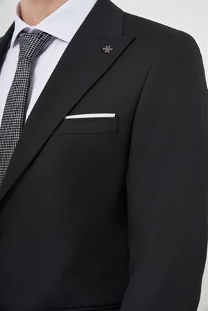 Morven Erkek Siyah Poliviskon Basic Jakar Desen Slim Fit Sivri Yaka Takım Elbise