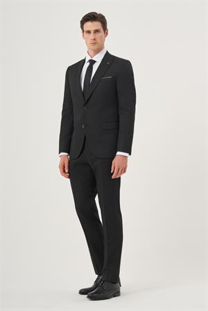 Morven Erkek Siyah Poliviskon Basic Jakarlı Slim Fit Sivri Yaka Takım Elbise