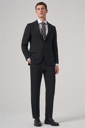 Morven Erkek Siyah Poliviskon Basic Slim Fit Sivri Yaka Takım Elbise