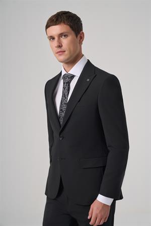 Morven Erkek Siyah Poliviskon Basic Slim Fit Sivri Yaka Takım Elbise