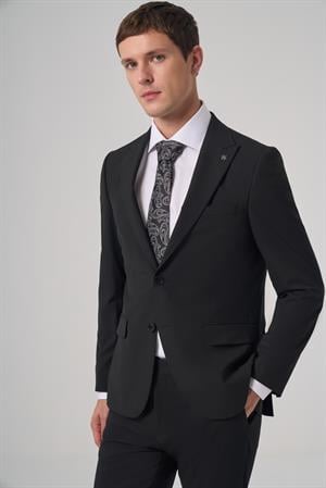 Morven Erkek Siyah Poliviskon Basic Slim Fit Sivri Yaka Takım Elbise