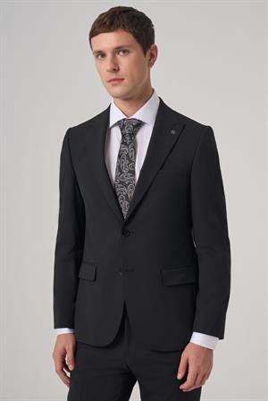 Morven Erkek Siyah Poliviskon Basic Slim Fit Sivri Yaka Takım Elbise