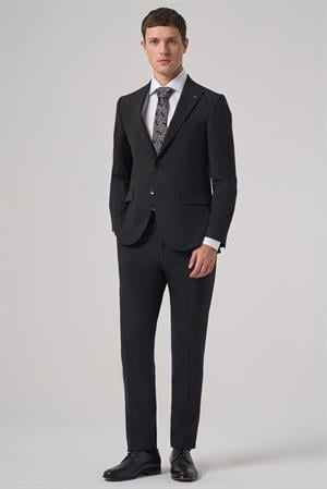 Morven Erkek Siyah Poliviskon Basic Slim Fit Sivri Yaka Takım Elbise