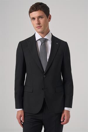 Morven Erkek Siyah Poliviskon Basic Slim Fit Sivri Yaka Takım Elbise