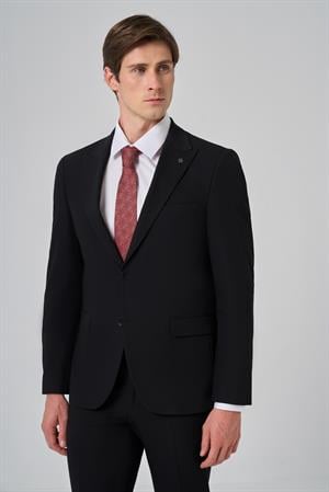 Morven Erkek Siyah Poliviskon Basic Slim Fit Sivri Yaka Takım Elbise