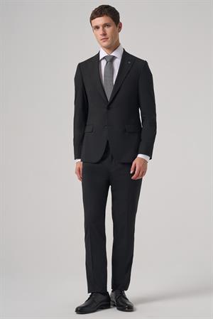 Morven Erkek Siyah Poliviskon Basic Slim Fit Sivri Yaka Takım Elbise