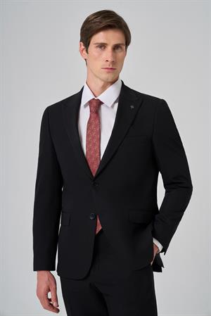 Morven Erkek Siyah Poliviskon Basic Slim Fit Sivri Yaka Takım Elbise