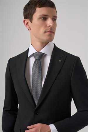 Morven Erkek Siyah Poliviskon Basic Slim Fit Sivri Yaka Takım Elbise