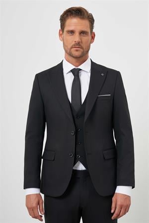Morven Erkek Siyah Poliviskon Basic Yelekli Jakar Desen Slim Fit Sivri Yaka Takım Elbise