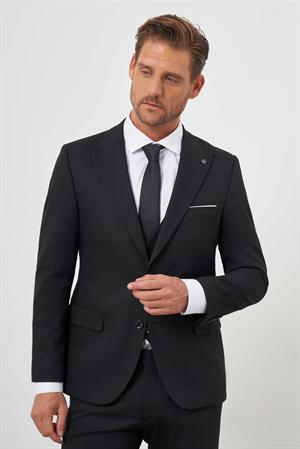 Morven Erkek Siyah Poliviskon Basic Yelekli Jakar Desen Slim Fit Sivri Yaka Takım Elbise