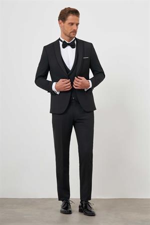 Morven Erkek Siyah Poliviskon Ceramonia Düz Desen Slim Fit Sivri Çıkma Yaka Damatlık