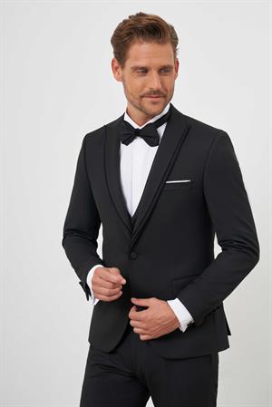 Morven Erkek Siyah Poliviskon Ceramonia Düz Desen Slim Fit Sivri Çıkma Yaka Damatlık