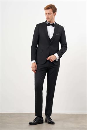 Morven Erkek Siyah Poliviskon Ceromonia Jakar Desen Slim Fit Sivri Çıkma Yaka Damatlık