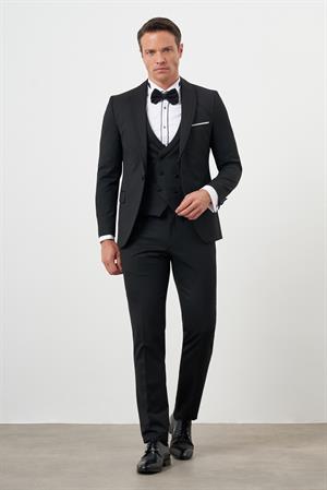 Morven Erkek Siyah Poliviskon Ceromonia Düz Desen Slim Fit Şal Çıkma Yaka Damatlık
