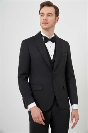 Morven Erkek Siyah Poliviskon Ceromonia Jakar Desen Slim Fit Şal Çıkma Yaka Damatlık