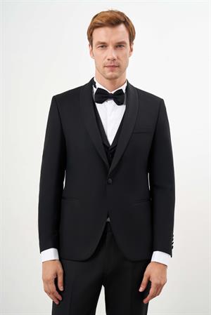 Morven Erkek Siyah Poliviskon Ceromonia Santorini Slim Fit Şal Yaka Damatlık