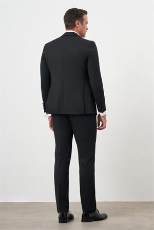 Morven Erkek Siyah Poliviskon Ceromonia Düz Desen Slim Fit Şal Çıkma Yaka Damatlık