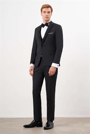 Morven Erkek Siyah Poliviskon Ceromonia Jakar Desen Slim Fit Şal Çıkma Yaka Damatlık