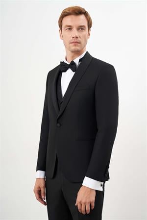 Morven Erkek Siyah Poliviskon Ceromonia Santorini Slim Fit Şal Yaka Damatlık