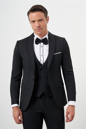 Morven Erkek Siyah Poliviskon Ceromonia Düz Desen Slim Fit Şal Çıkma Yaka Damatlık