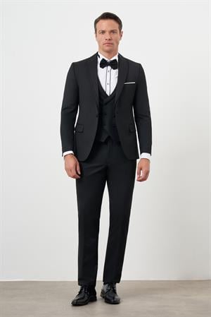 Morven Erkek Siyah Poliviskon Ceromonia Düz Desen Slim Fit Şal Çıkma Yaka Damatlık