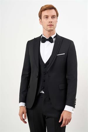 Morven Erkek Siyah Poliviskon Ceromonia Jakar Desen Slim Fit Sivri Çıkma Yaka Damatlık