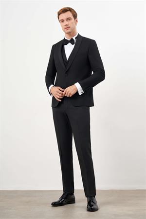 Morven Erkek Siyah Poliviskon Ceromonia Santorini Slim Fit Şal Yaka Damatlık