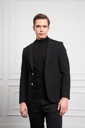Morven Erkek Siyah Poliviskon Dokuma Desenli Slim Fit Dar Kesim Mono Yaka Ceket