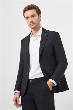 Morven Erkek Siyah Poliviskon Slim Fit Mono Yaka Klasik Ceket