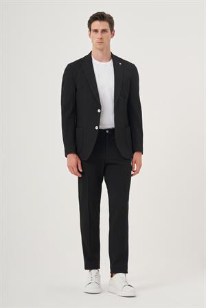 Morven Erkek Siyah Poliviskon Trend Çizgili Slim Fit Mono Yaka Takım Elbise