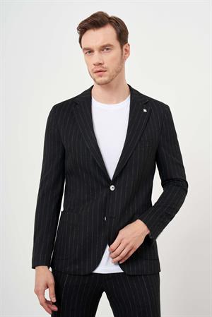Morven Erkek Siyah Poliviskon Trend Çizgili Desen Slim Fit Mono Yaka Takım Elbise