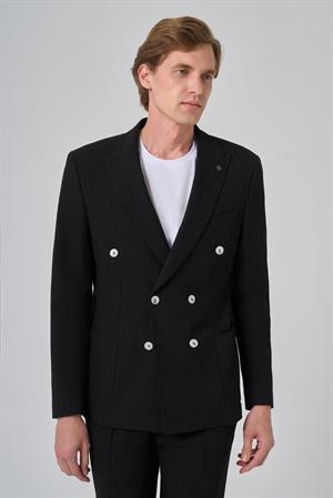 Morven Erkek Siyah Poliviskon Trend Çizgili Slim Fit Sivri Yaka Kruvaze Takım Elbise