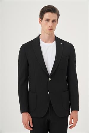 Morven Erkek Siyah Poliviskon Trend Çizgili Slim Fit Mono Yaka Takım Elbise