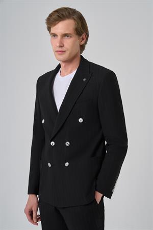 Morven Erkek Siyah Poliviskon Trend Çizgili Slim Fit Sivri Yaka Kruvaze Takım Elbise