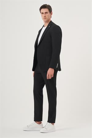 Morven Erkek Siyah Poliviskon Trend Çizgili Slim Fit Mono Yaka Takım Elbise