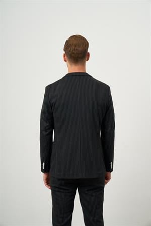 Morven Erkek Siyah Poliviskon Trend Çizgili Desen Slim Fit Mono Yaka Takım Elbise