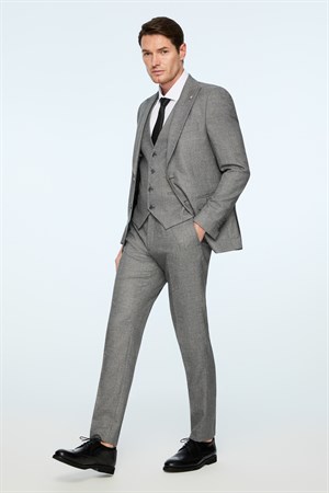 Morven Erkek Siyah Poliviskon Trend Desenli Slim Fit Sivri Yaka Yelekli Takım Elbise
