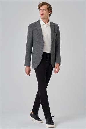 Morven Erkek Siyah Poliviskon Trend Desenli Slim Fit Mono Yaka Dokuma Ceket