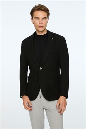 Morven Erkek Siyah Poliviskon Trend Desenli Slim Fit Ceket