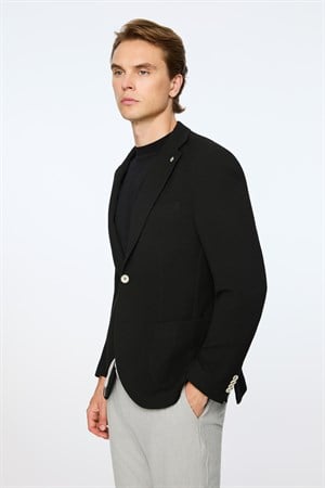 Morven Erkek Siyah Poliviskon Trend Desenli Slim Fit Ceket