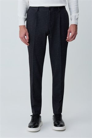 Morven Erkek Siyah Poliviskon Trend Desenli Slim Fit Lastikli Pantolon