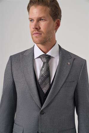 Morven Erkek Siyah Poliviskon Trend Desenli Slim Fit Yelekli Kombinli Takım Elbise