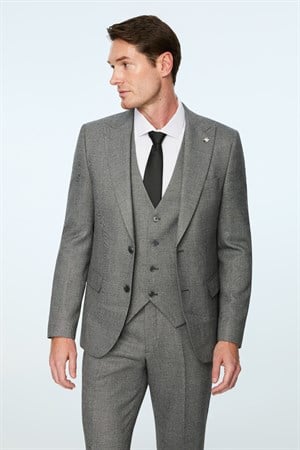 Morven Erkek Siyah Poliviskon Trend Desenli Slim Fit Sivri Yaka Yelekli Takım Elbise